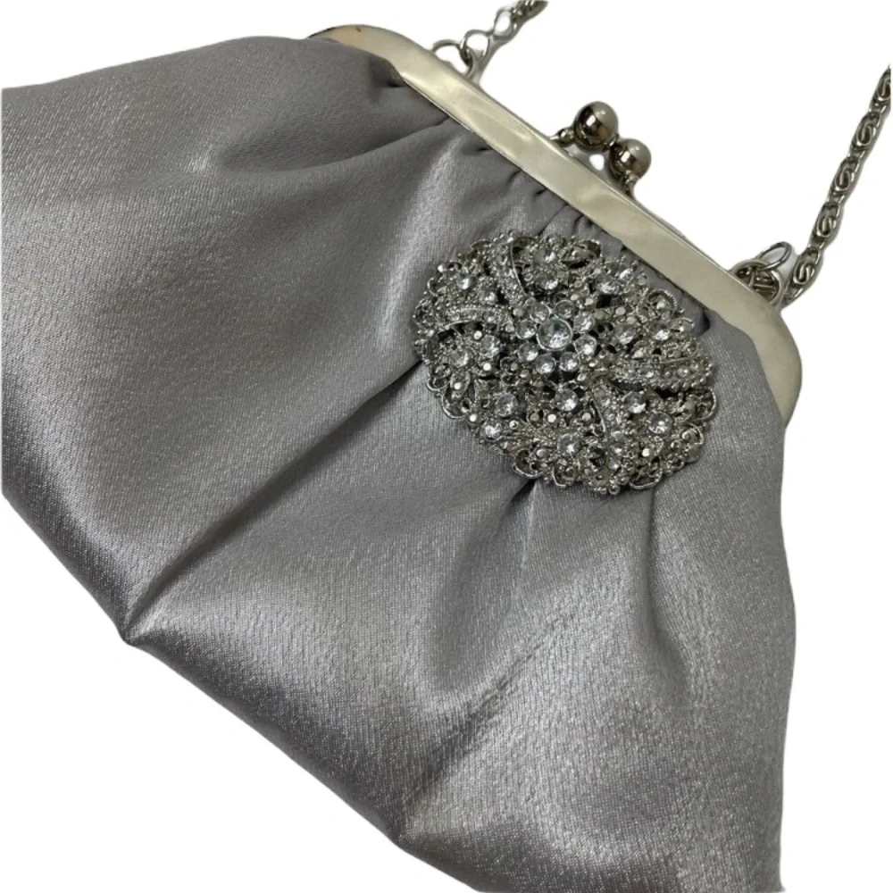 Vintage Purse Silver Rhinestone Jewel Embellished Button Silver Chain Handle Y2K